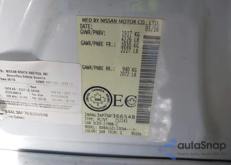 2016 Nissan Altima 2.5/2.5 S/2.5 Sl/2.5 Sr/2.5 Sv z USA, uszkodzony, nr VIN 1N4AL3AP7GN366548